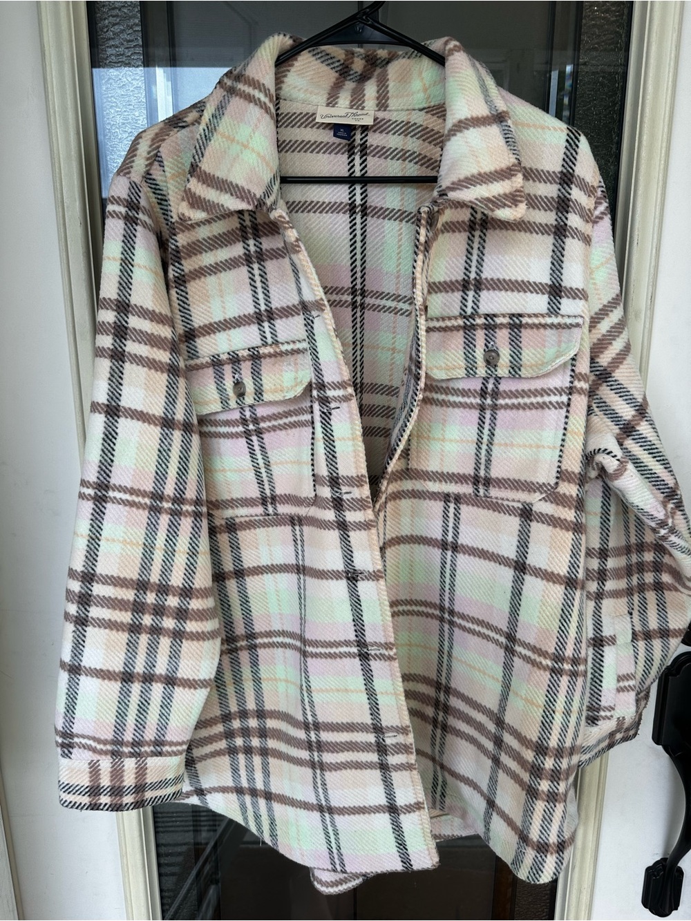 Universal Thread Plaid Teddy Shacket in Cream, Brown & Mint & pink